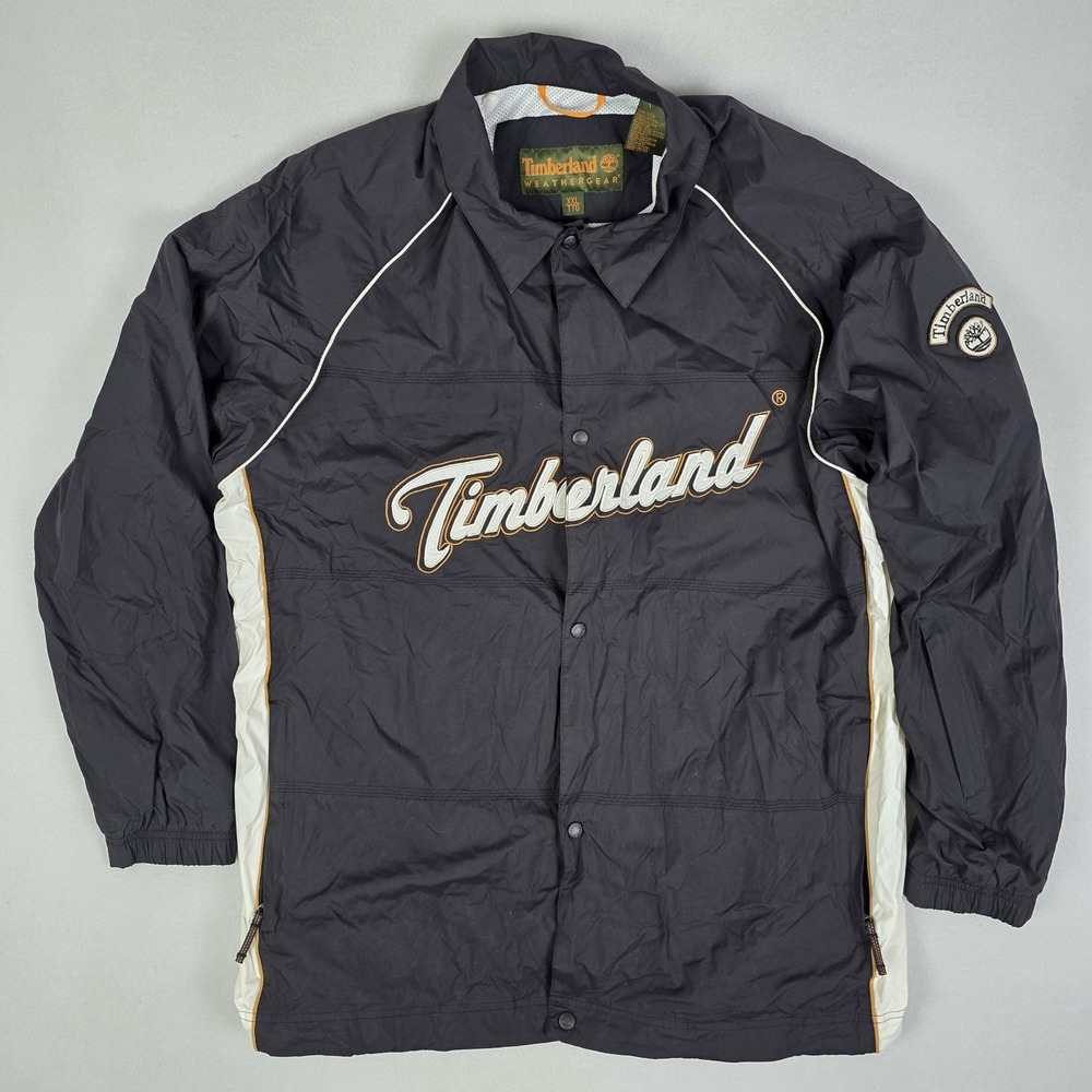 Vintage Y2k Timberland Windbreaker Jacket Mens 2XL Black Snap Button Hip Hop